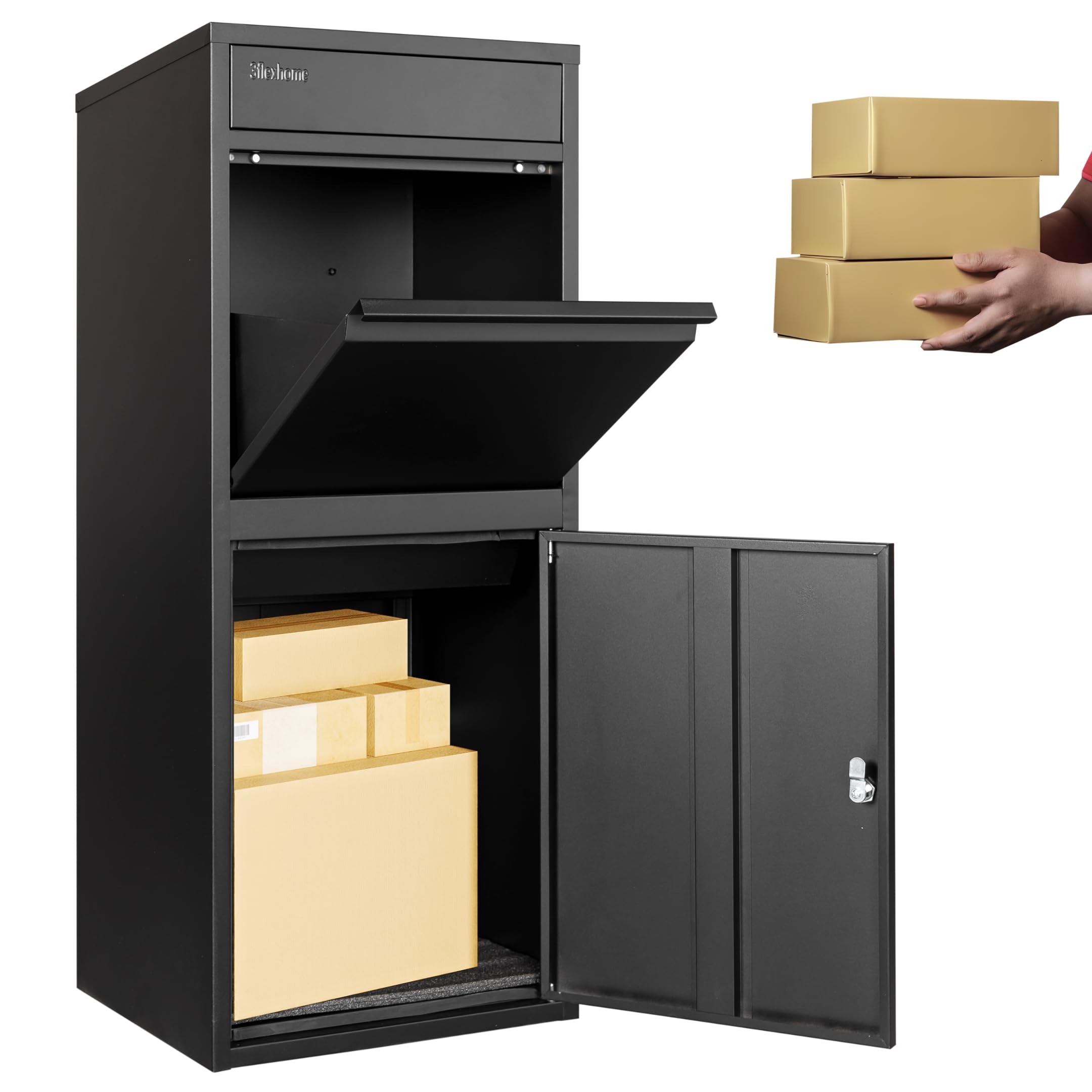 3Flexhome Black Extra Large Parcel Delivery Box - Large Parcel Drop Box Outdoor, Delivery Box With Secure Front & Rear Access, Durable, Lockable Weatherproof Parcel Drop Box For Multiple Packages (Black)