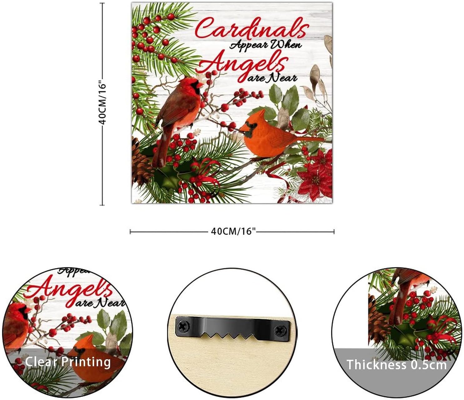 Red Bird Appear When Angels Are Near Wooden Sign Christmas Mistletoe Wreath Wooden Wall Hangings Classic Christmas Is Coming Hanging Wall Signs Decor For Home Bedroom Living Room Bathroom 16x16in