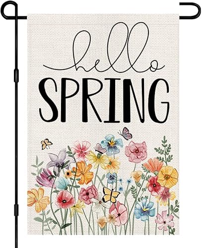 Bandera de jardín floral de Hello Spring de 12 x 18 pulgadas arpillera de doble cara exterior letrero de temporada de flores decoración de patio al
