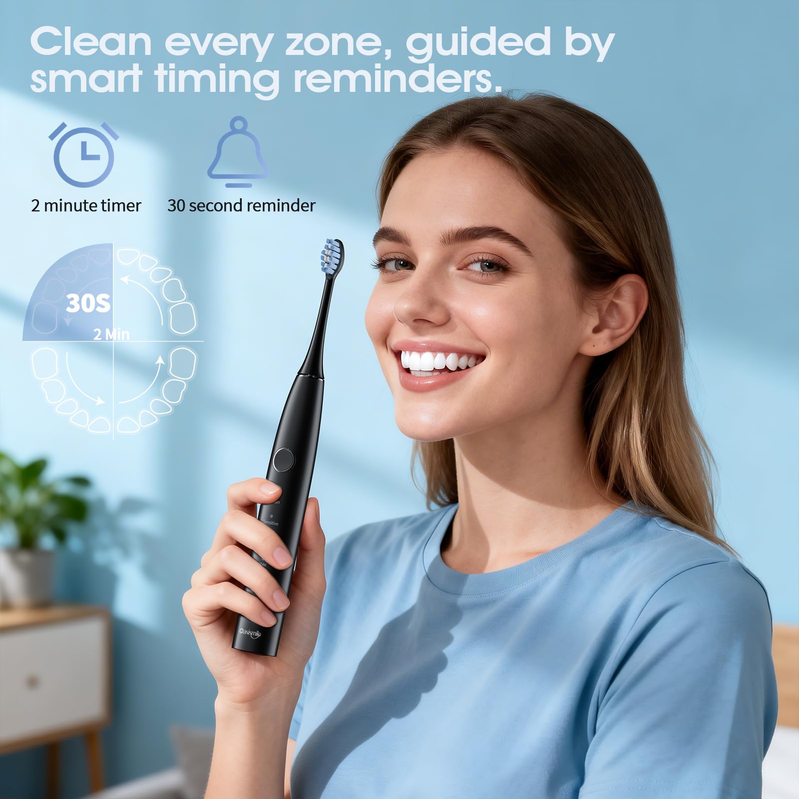 OasiSmile Cepillo de Dientes Eléctrico Sónico 42000 VPM, 5 Modos para Dientes Sensibles y Ortodoncia, 6 Cabezales, Estuche de Viaje y Carga Inalámbrica con 100 Días de Uso, Ideal para Casa y Viaje