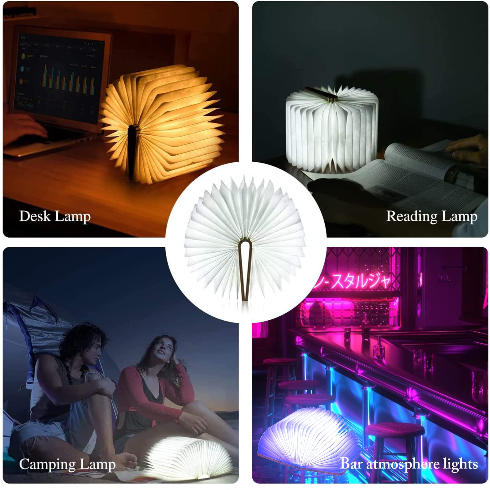 Vergissm Buch-Lampe aus Holz, verbesserte 5 Farben, Neuheit, Beleuchtung, 360 ° faltbare Buchlampe, blau/grün/weiß/orange/rot, LED-Papierlaterne für Schreibtisch, Zimmer, Bibliotheksdekoration