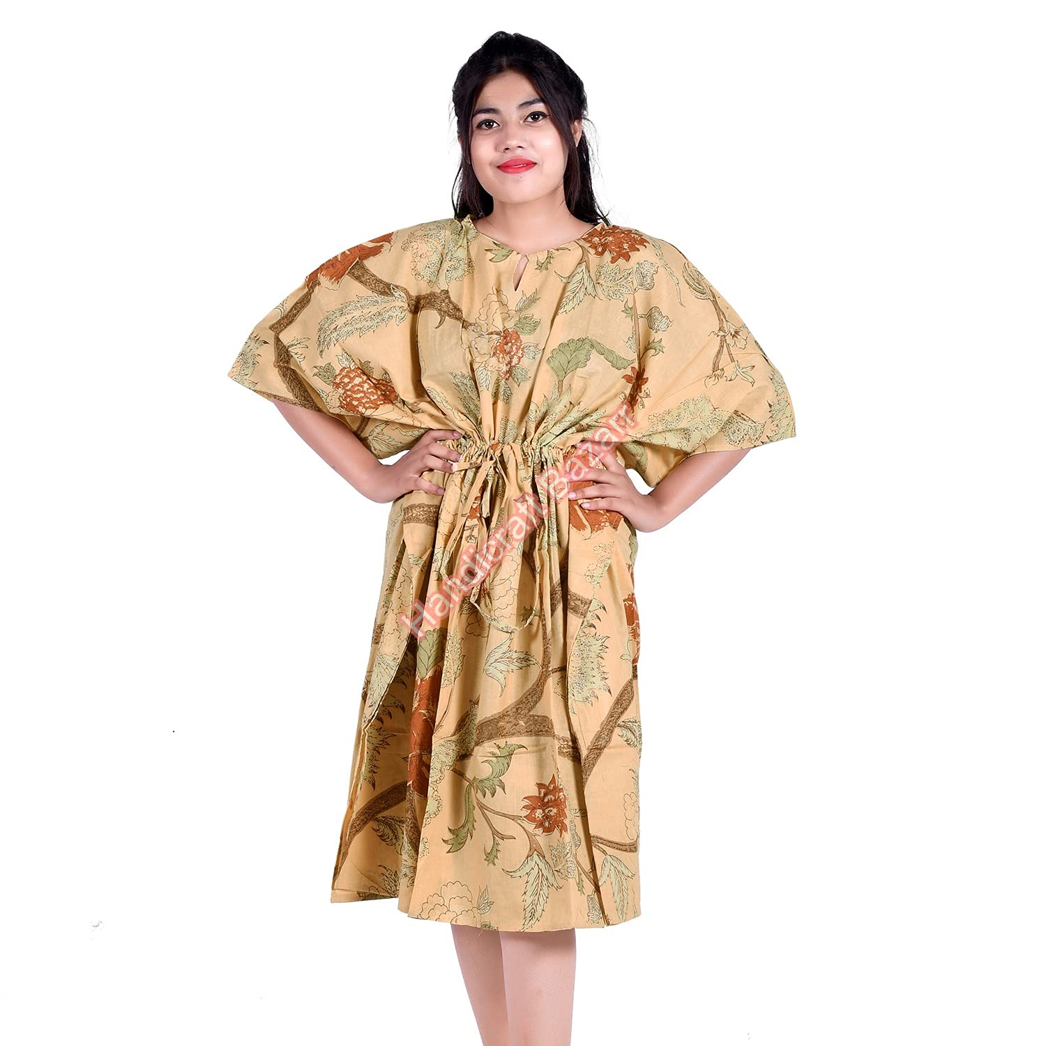 Handicraft BazarrHandicraft Bazarr Kaftan Cotton Maxi Drees Cover-Up Beach Wear Kaftan Handmade Night Gown Floral Print Women's Print Kaftan (Short Lenth 40 x Width 41)