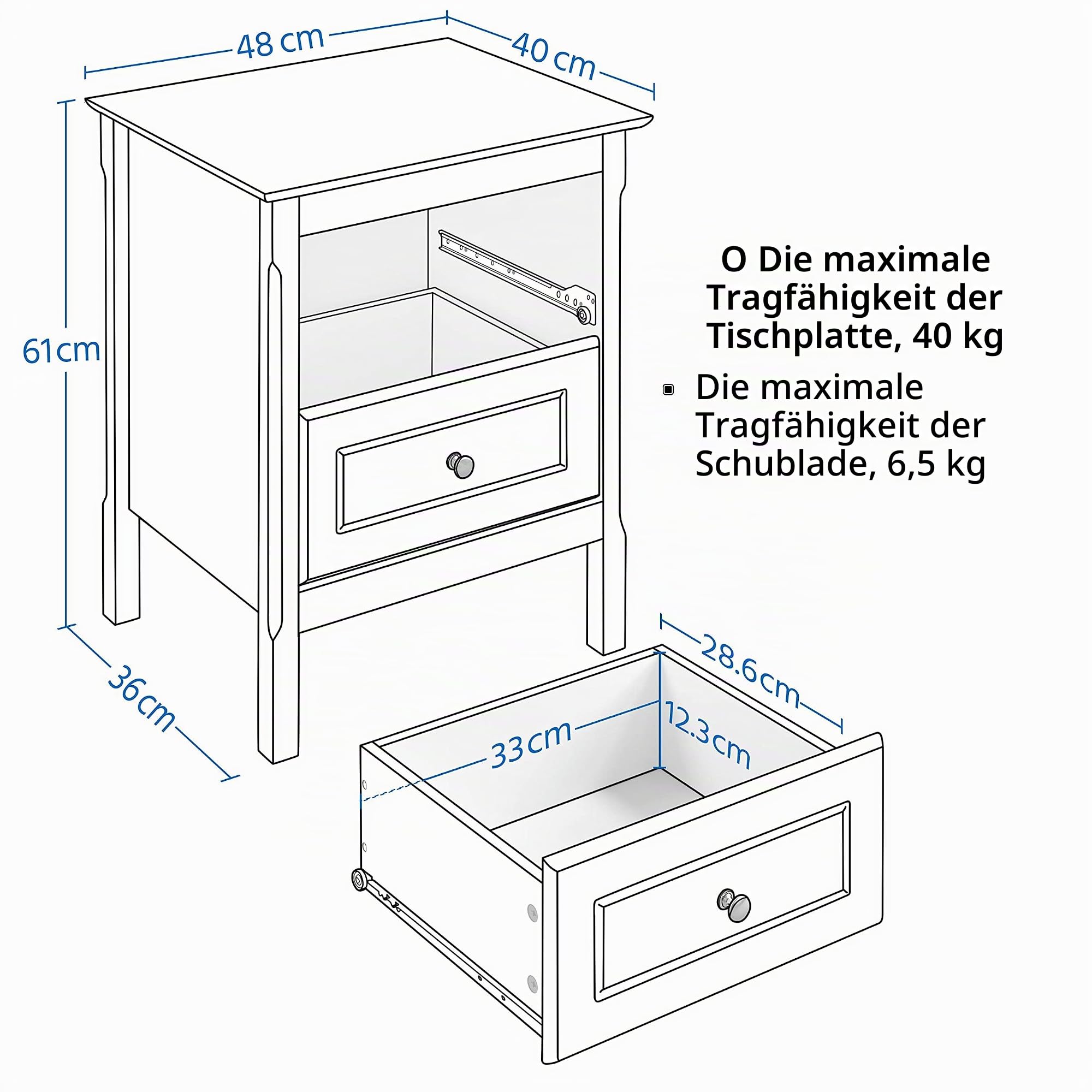 Yaheetech Nachttisch Nachtschrank mit 2 Schubladen Boxspringbett Nachtkommode Beistelltisch Holz Sofatisch Nachtkonsole 48 x 40 x 61 cm, Weiß