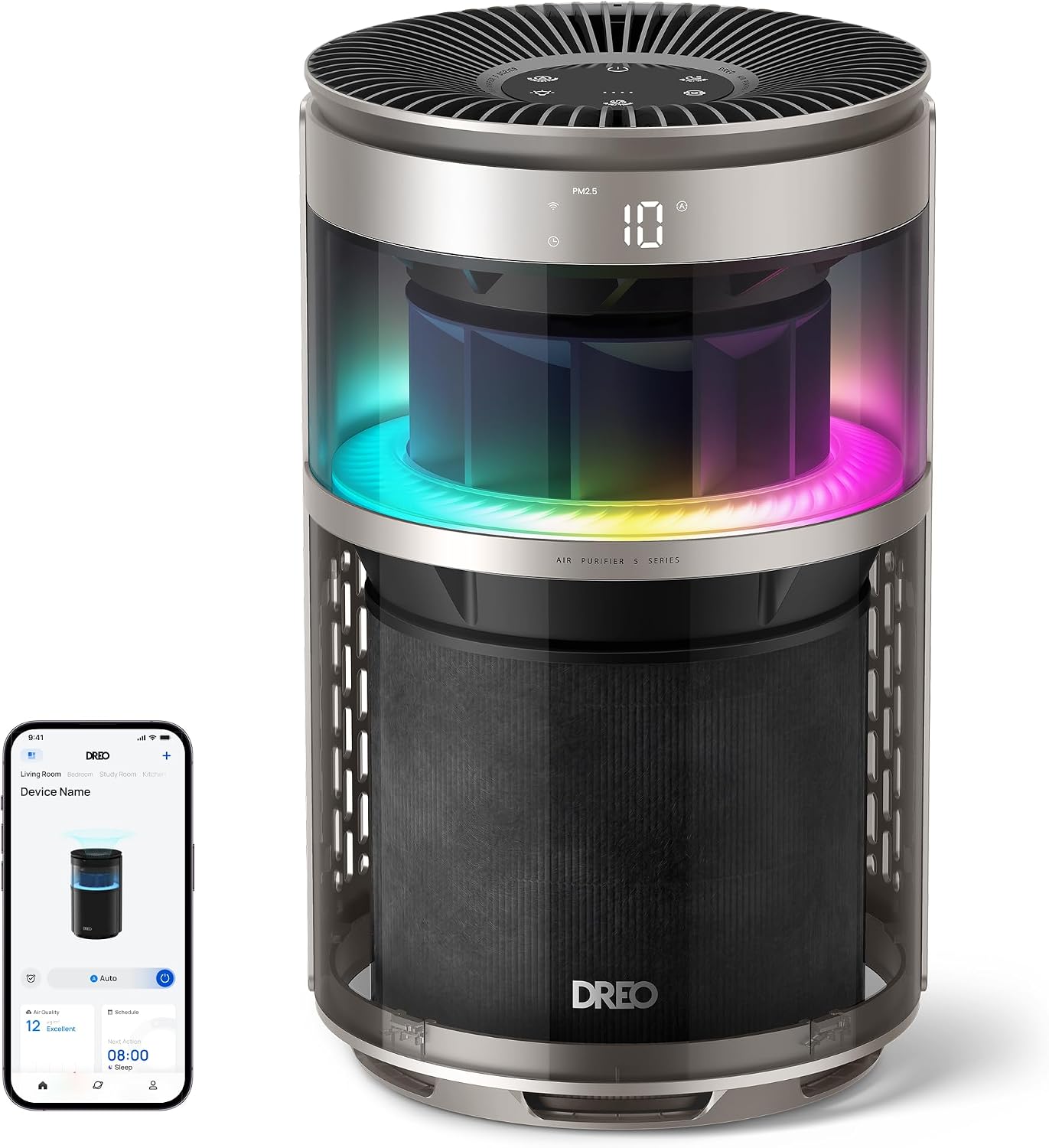 DREO Smart Pet Air Purifier 530S With RGBIC Light,Home HEPA Air Cleaner with Wi-Fi/Voice/Alexa,Smoke,Dust,Pollen,Odor,PM2.5 Quality Monitor,4 Fan Speeds & Auto/Turbo/18dB Quiet Sleep Modes,DR-HAP010S