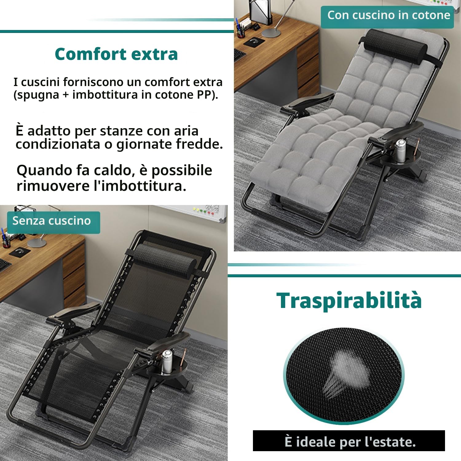 Sedia a Sdraio Pieghevole per Esterni, Senza Peso, con Cuscino, Regolabile, per Patio, Giardino, Spiaggia, Piscina, con Cuscino, 240 kg (Nero)