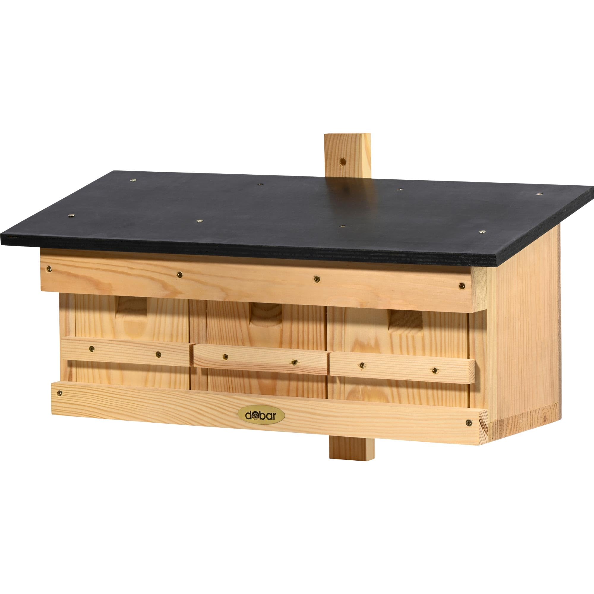dobar® Specjalna budka lęgowa dla wróbli – 3 w 1 z drewna z wodoodpornym płaskim dachem na wróble – z klapkami czyszczącymi – sosna – 50 x 22 x 30 cm – ciemnobrązowa