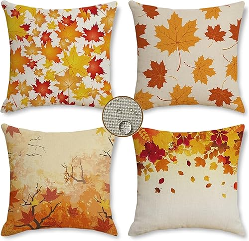 Juego de 4 fundas de almohada para exteriores, impermeables, para otoño, de 14 x 14 pulgadas, decoración de granja, fundas decorativas de lino,