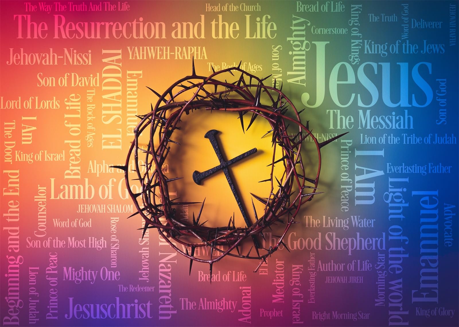 Loccor 7x5ft Fabric Crucifixion of Jesus Backdrop Crown of Thorns with Cross and Jesus Names Photography Background Easter Religious Banner Christian