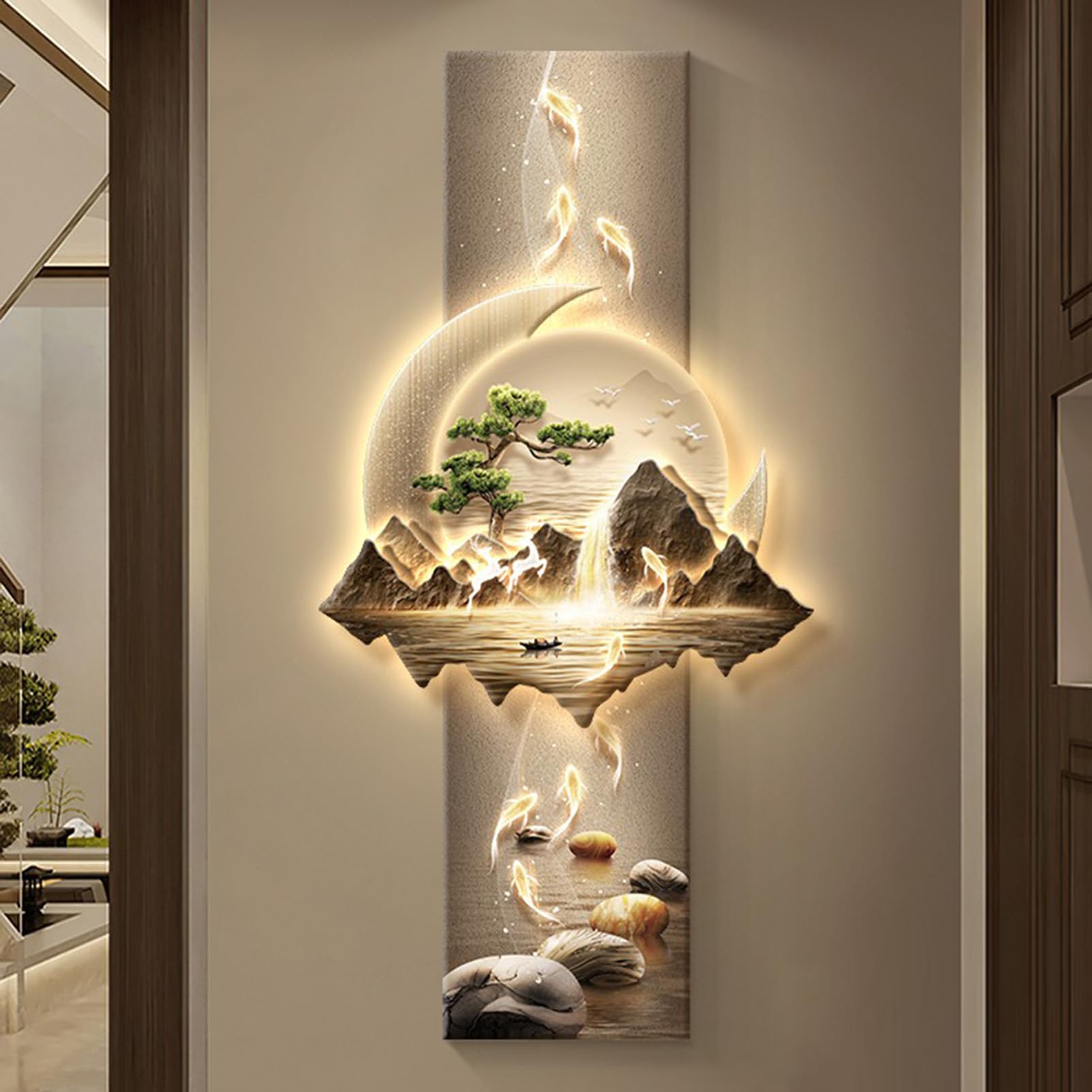 3D Wall Art Decor with LED Light, Oriental Landscape Painting for Modern Home, Office, and Bedroom Decoration