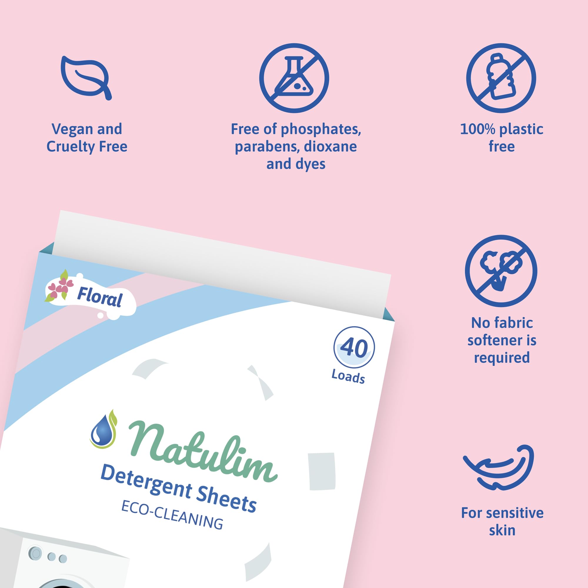 Natulim - Detergent w taśmach do pralek (40 pralek) - Zawiera efekt zmiękczający, ekologiczny, przyjazny alergikom - Czysta i miękka odzież bez brudzenia planety (kwiatowy zapach)