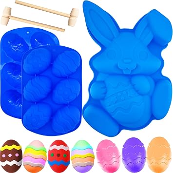 3Pcs Large Bunny Mold Easter Egg Mold, 3D Rabbit Bunny Easter Egg Shape Silicone Mold Easter Bunny Cake Mold Chocolate Egg Mold Silicone Baking Mould for Candy Jello Cocoa Bombs with 2 Wooden Hammers