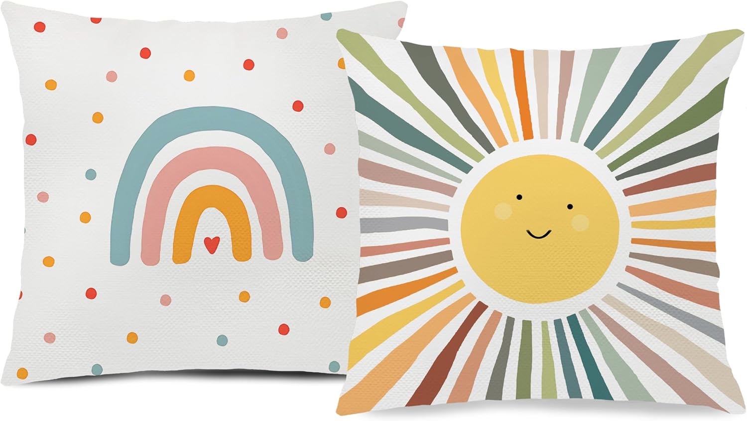 Cute Boho Rainbow Sun Sunshine Pillow Decor Cover 18x18cinch, Mid Century Modern Boho Rainbow Sun Decor Pillow Cases for Girls Room Kids Room Bed Couch