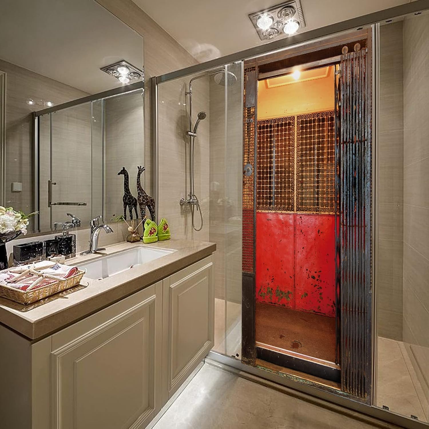 3D Door Stickers for Interior Doors Old Elevator Interior Vinyl Waterproof Self Adhesive Door Mural Decals for Bedroom Office Bathroom 95 x 215 cm