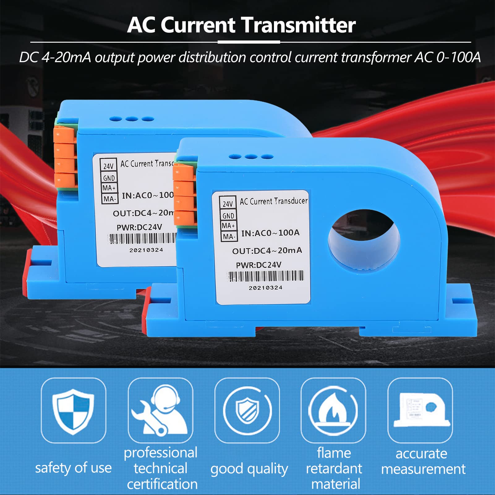 AC-Strom-Transmitter, DC 4‑20mA Output Power Distribution Control Stromwandler AC 0‑100A, für Klimaanlagen, Straßenlaternen, Stromnetzüberwachung