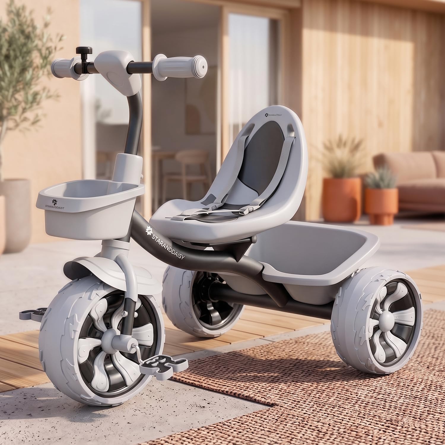 StarAndDaisy Baby Sitting Stroller for Toddlers 1-5 Years with Safety Belt, Ergonomic Seat, Front & Rear Storage Baskets, 3-Wheel Tricycle Early Mobility Trainer & Baby Tricycle for Balance and Motor Skill Development (Black)-image-18