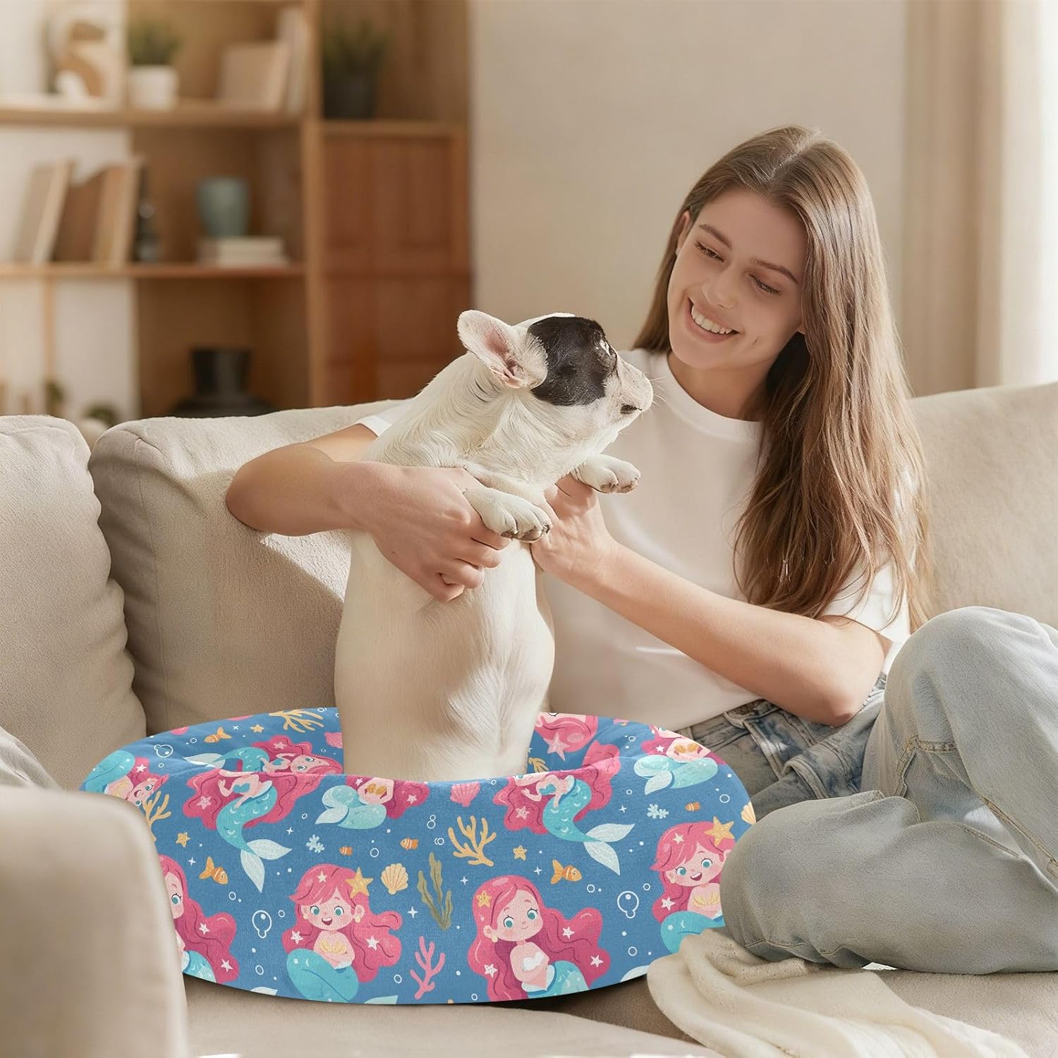 Pet Dog Bed Relieve Stress Fluffy Dog Pillow Bed for Medium Size Pets Supplies M Cute Mermaid Coral Blue