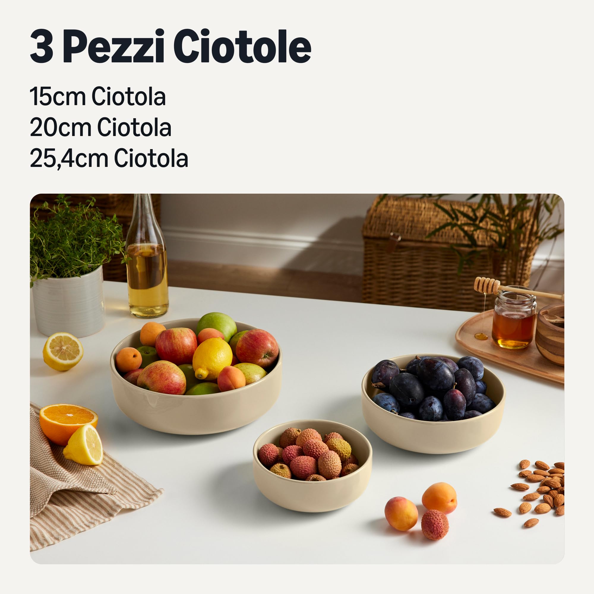Amazon Basics Ciotole in Gres Smaltato, Set di 3 Pezzi, Lavabili in Lavastoviglie, Grigio Lino