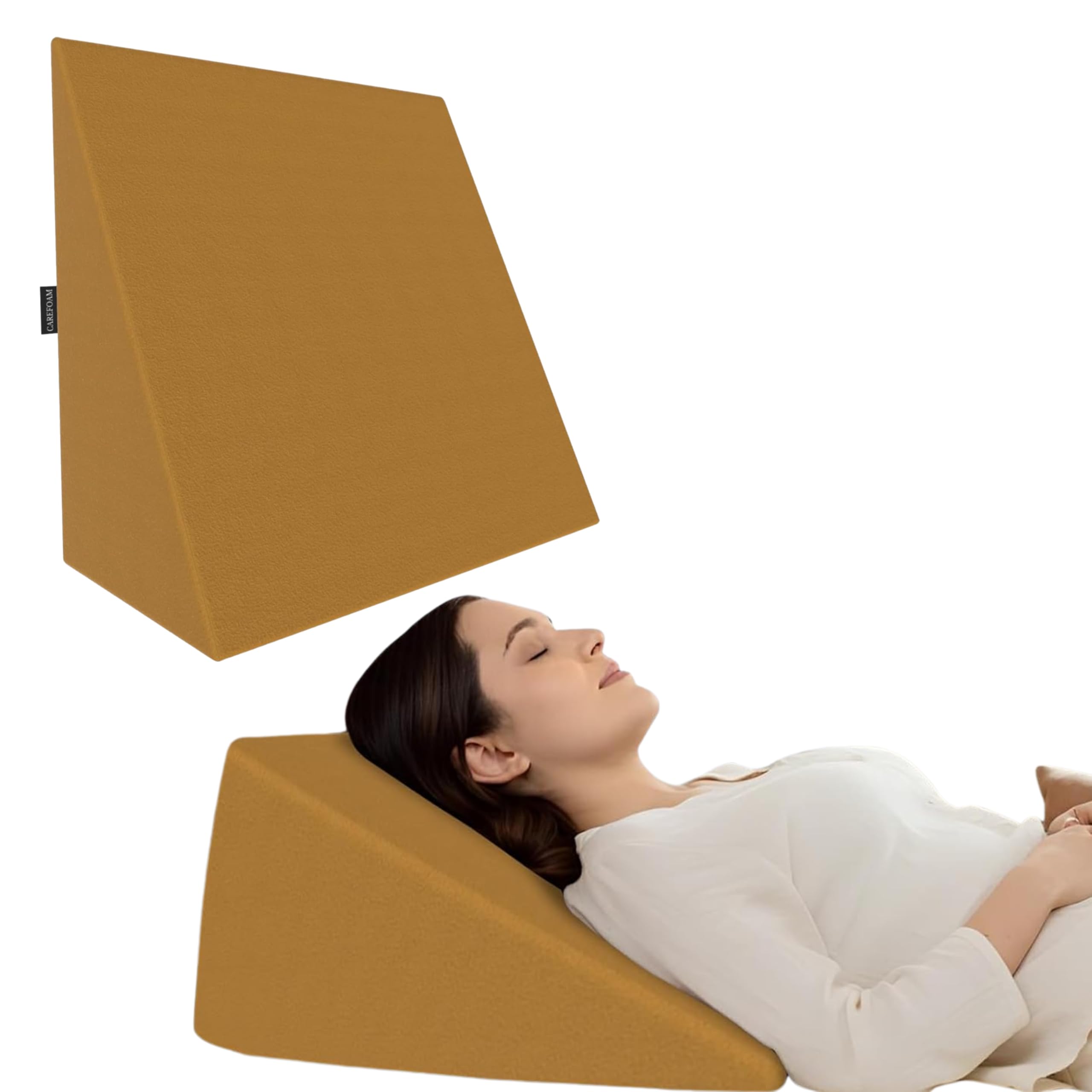 CareFoam Memory Foam Wedge Pillow for Bed | 2 Years Warranty | Orthopedic Bed Wedge Cushion for Back Support, Acid Reflux, GERD, Snoring & Leg Elevation|18 x 18 x 10 Inch|Tan Velvet
