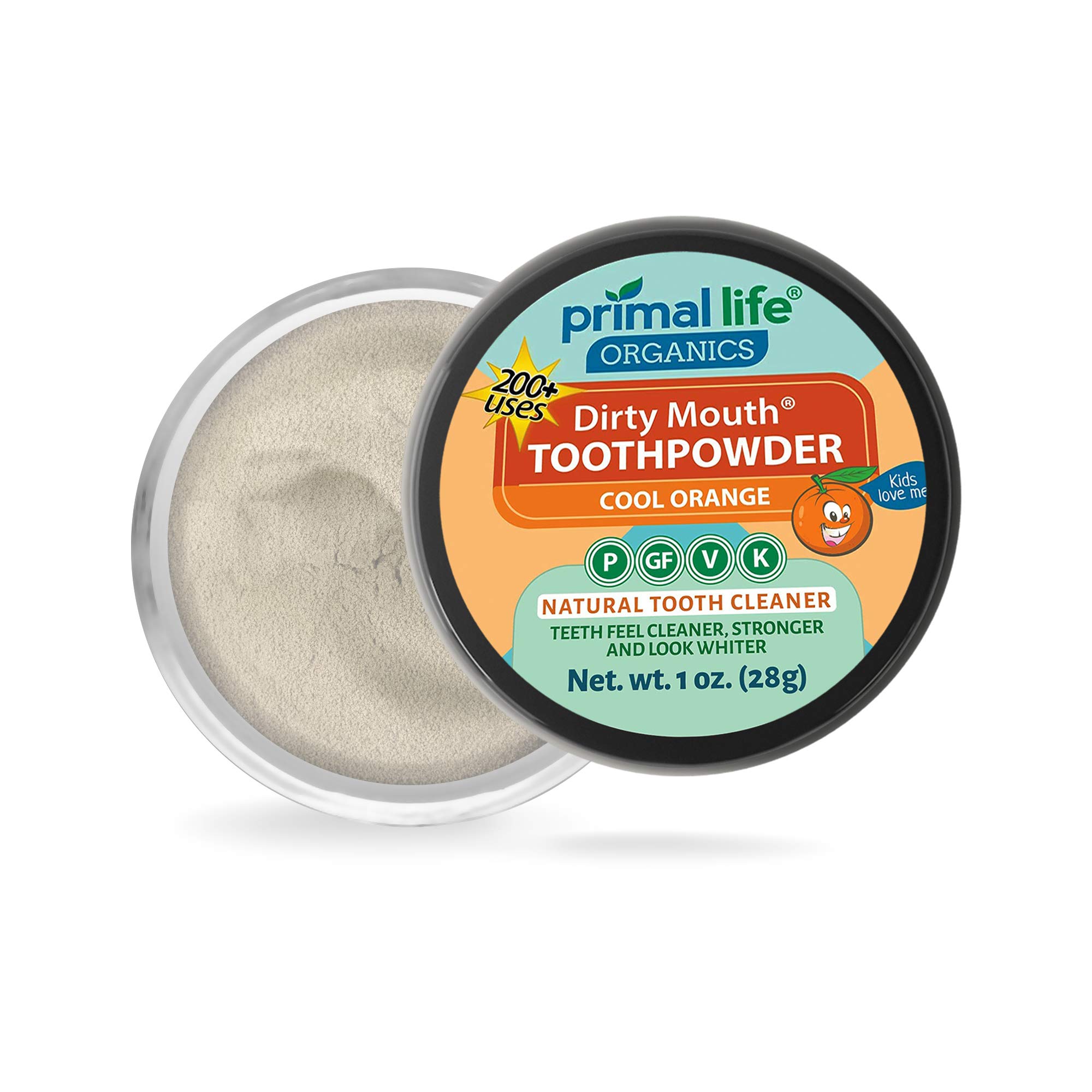 Dirty Mouth Organic Toothpowder 1 BEST RATED All Natural Dental Cleanser- Gently Polishes, Whitens, Re-Mineralizes, Strengthens Teeth - Cool Orange (1 oz = 3mo Supply) - Primal Life Organics