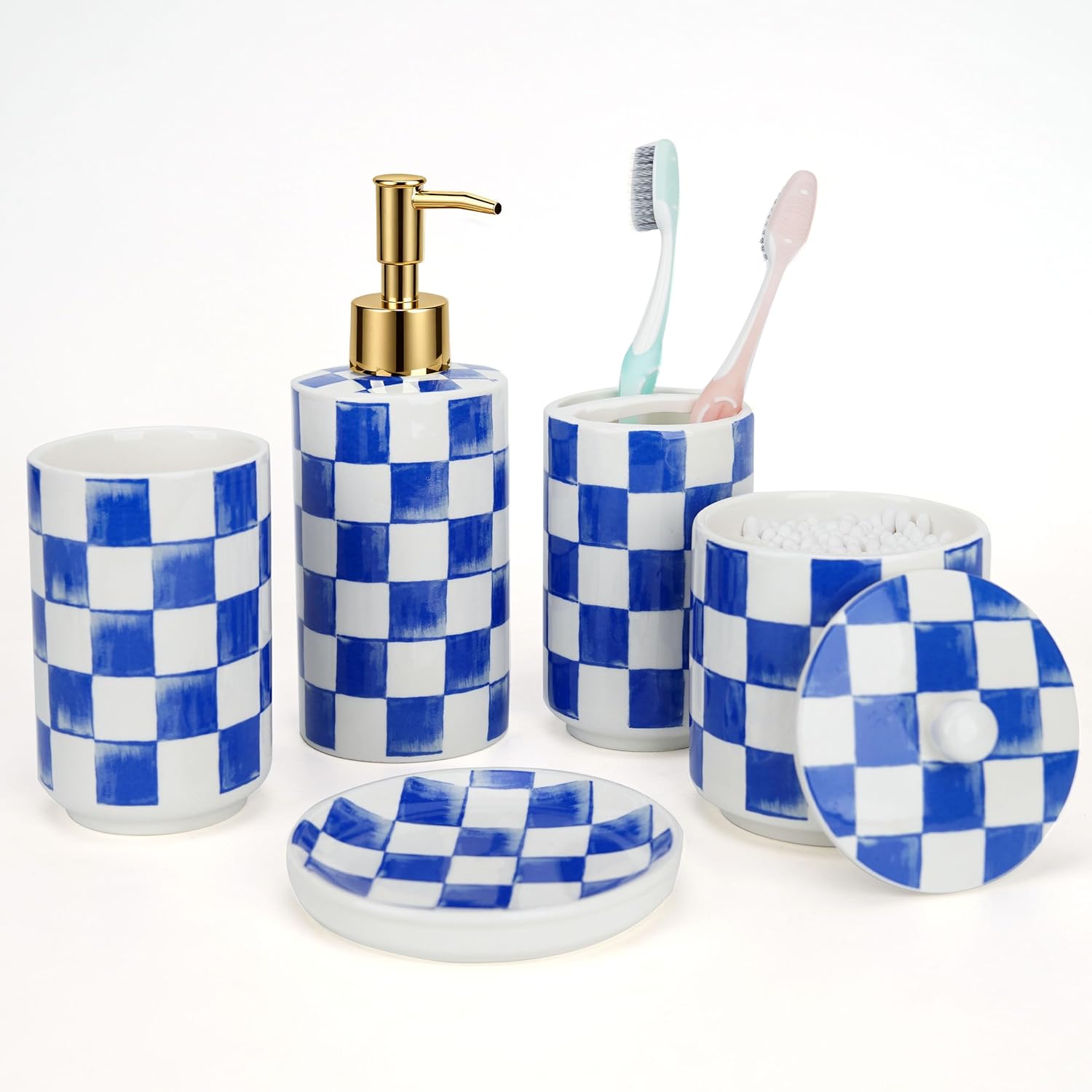 Ceramic Bathroom Soap Dispenser Set, Black and White Checkered Bathroom Vanity Set with Lotion Pump, Toothbrush Holder, Soap Dish & Storage Jar, Modern Bathroom Sink Accessories