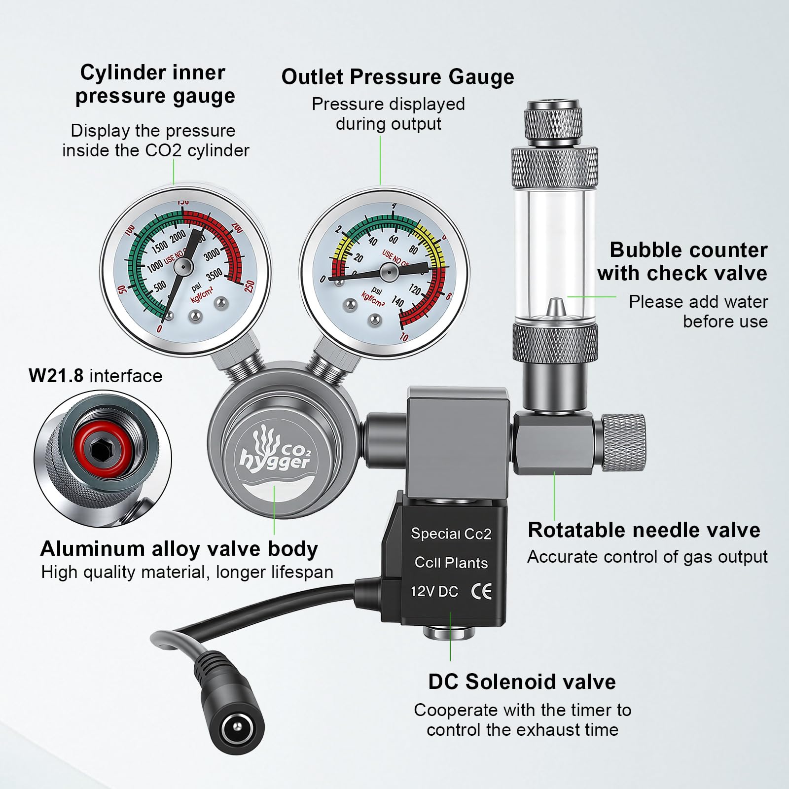Regulador co2 Acuario DC Solenoide,co2 Regulator para Acuario Calibre Doble | Display preciso doble calibre, contador burbujas con válvula retención, Válvula aguja giratoria control preciso la salida gas