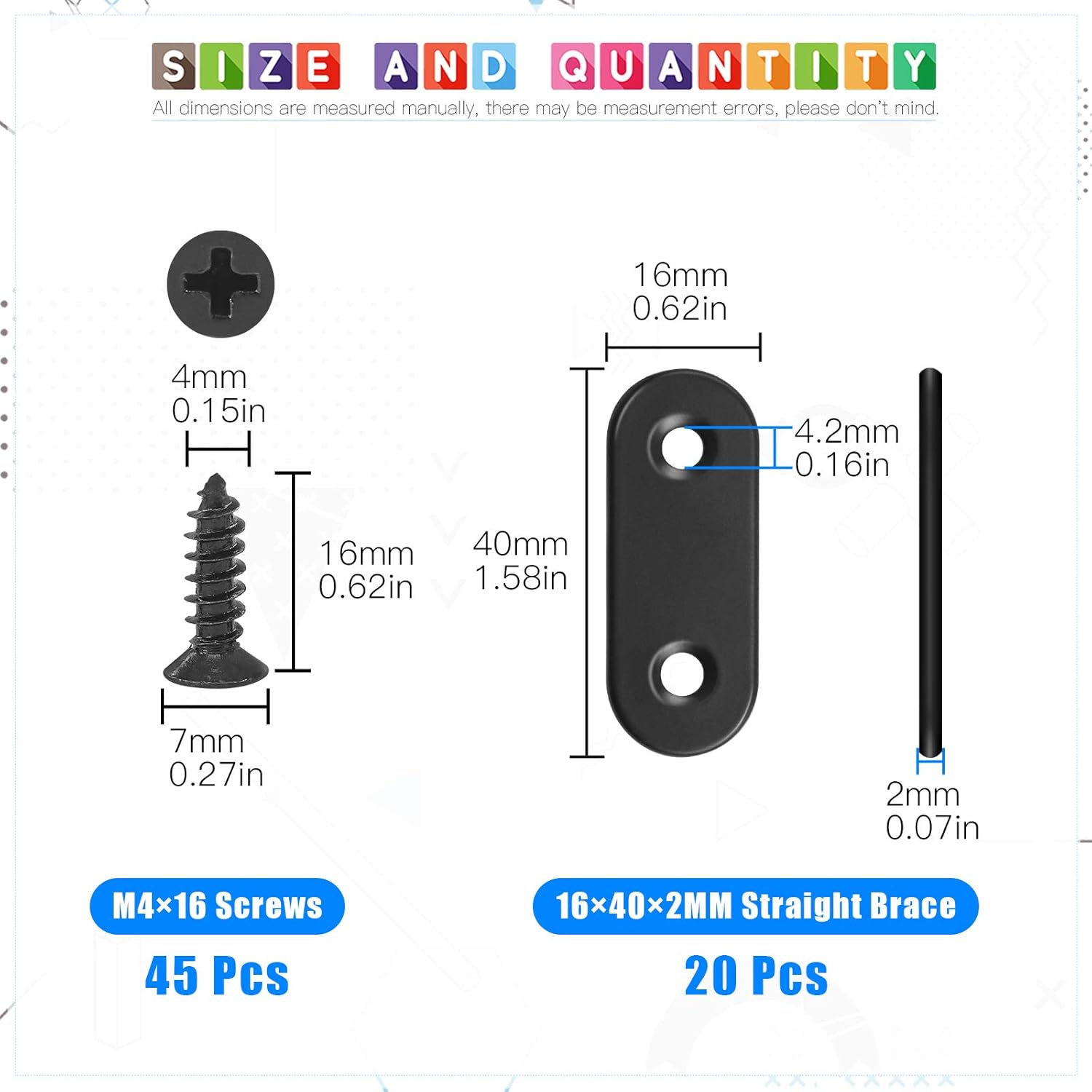 Glarks 20 Sets 40mm Flat Straight Corner Brace Black Metal Joint Plate Connector Repair Fixing Bracket with 45Pcs Screws for Wood Furniture (40x2mm) - Image 3