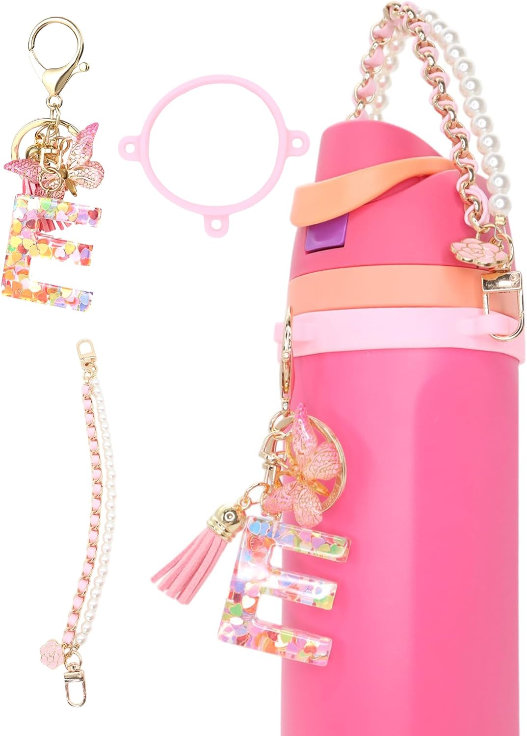 TOVICE Letter Accessories for Owala Water Bottle 24-40oz, 3PC Cute Initial Keychain & Water Bottle Handle Strap with a Thick Elastic Silicone Ring Holder