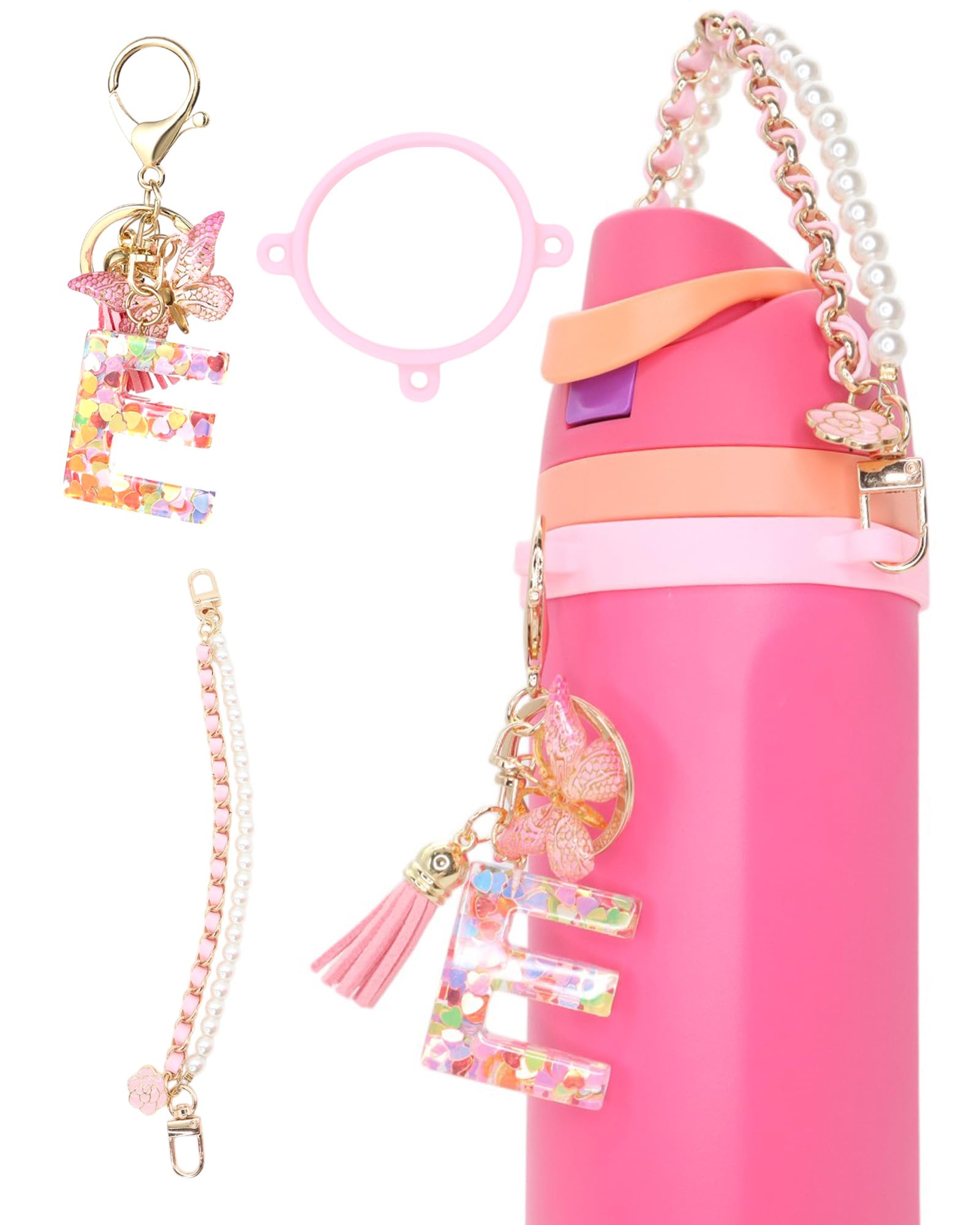 TOVICE Accesorios de letras para botella de agua Owala de 24 a 40 onzas, 3 llaveros con inicial y correa de asa para botella de agua con un soporte de anillo de silicona elástico grueso
