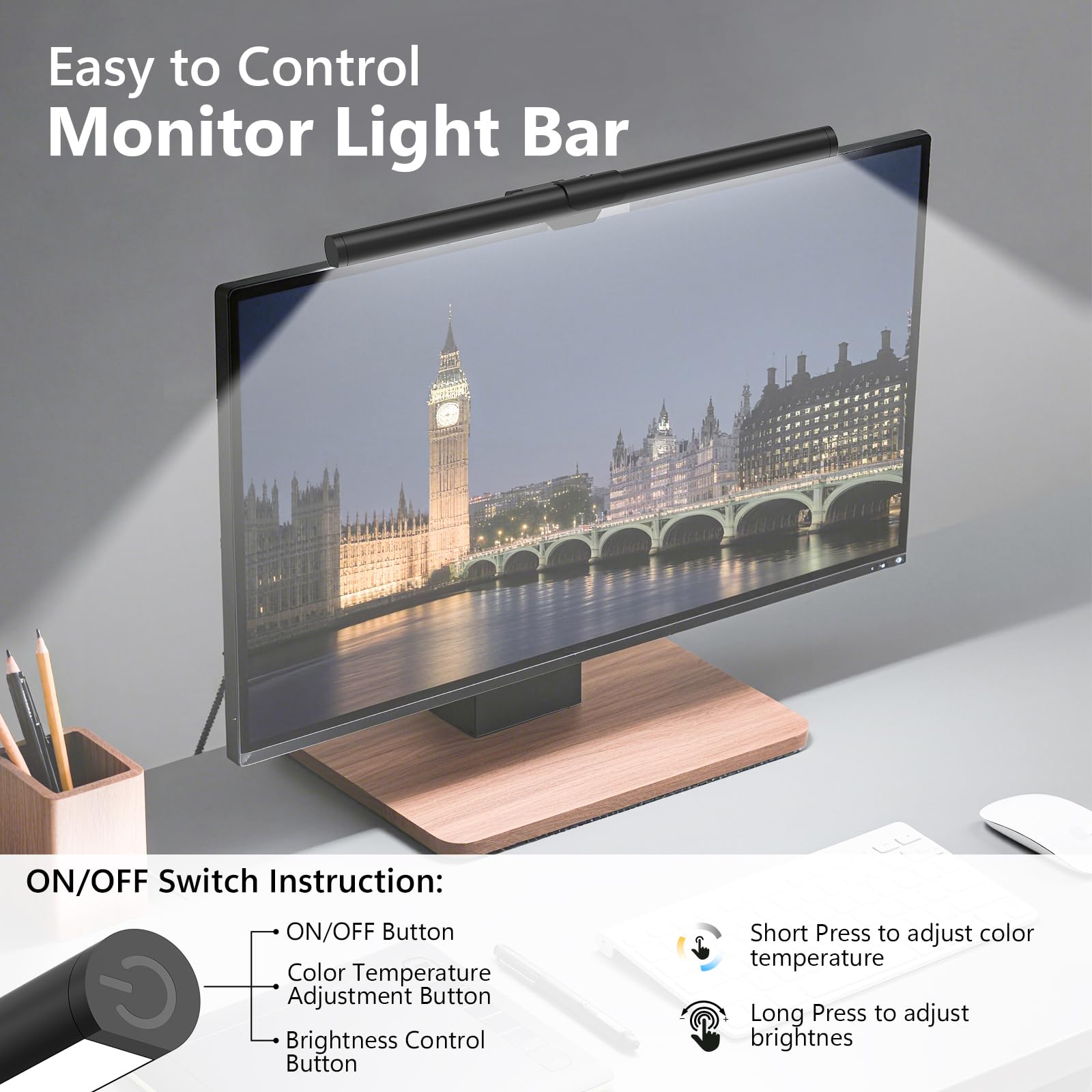 Barre lumineuse pour moniteur, lampe de lecture USB pour soins des yeux, lumières d'ordinateur LED de 30 cm avec éclairage ultra large, 3 températures de couleur, lumière de bureau à intensité