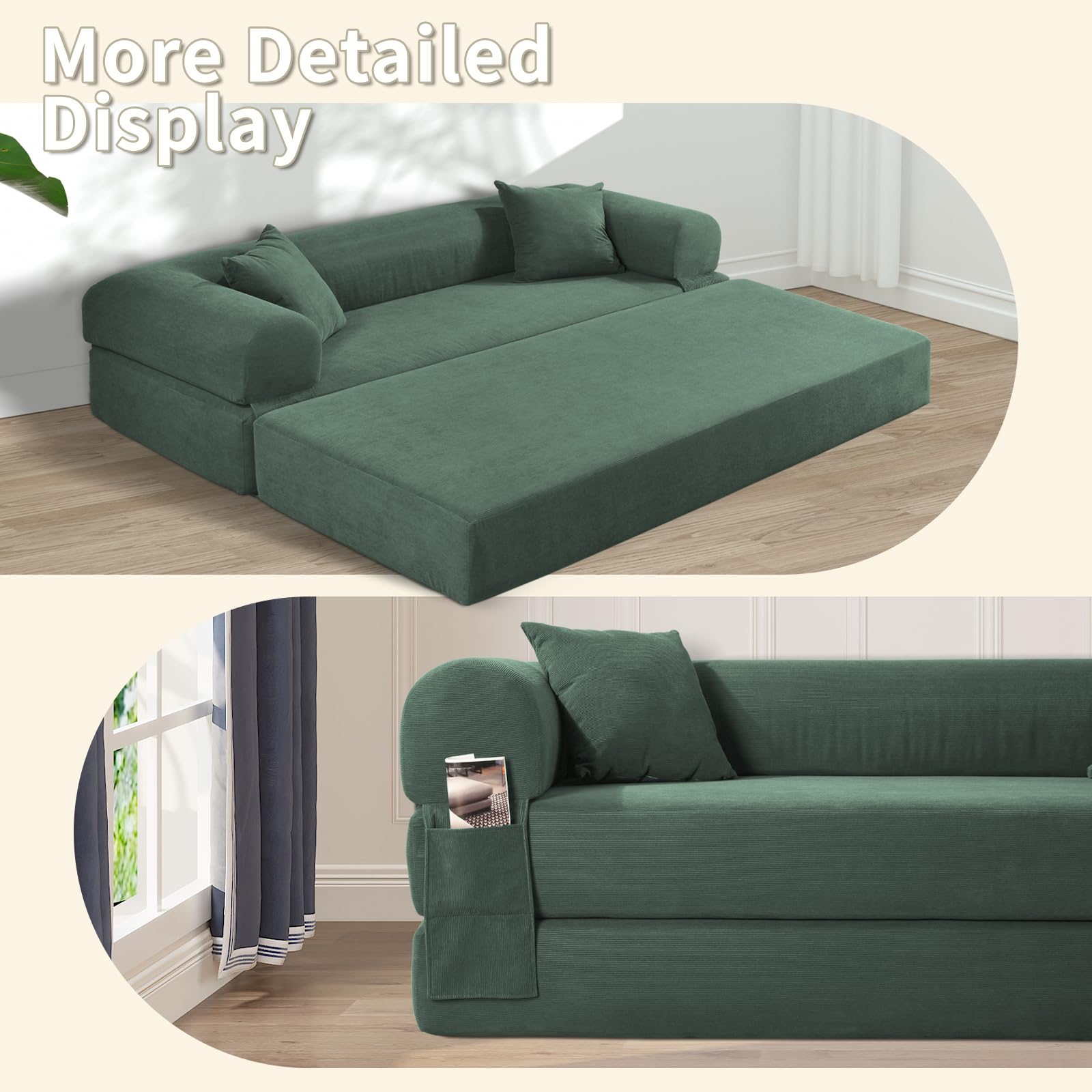 Cabrio Schlafsofa, Cord-Klappcouch mit Zylinderkissen, einfacher Transport, Bodensofa-in-a-Box, tiefer Sitz, Slish Green Wohnzimmerfell, kein Aufblasen erforderlich