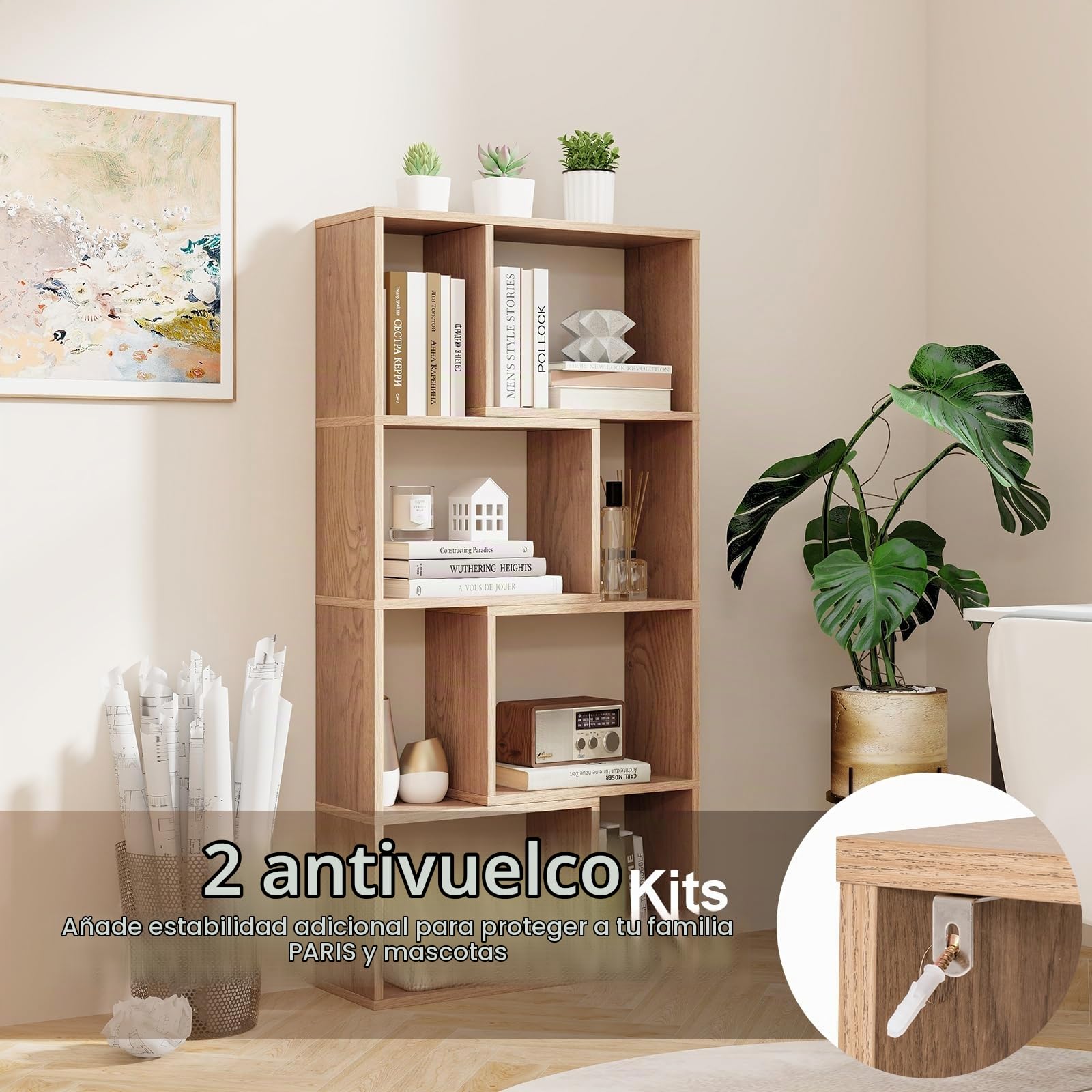 HOMASIS Librería de Pared con 4 estantes, Estantería con Patas Antideslizantes y Dispositivo antivuelco, Estantería Cubo de Madera, Librería Separador para salón, Dormitorio, 60x20x120cm (Natural)