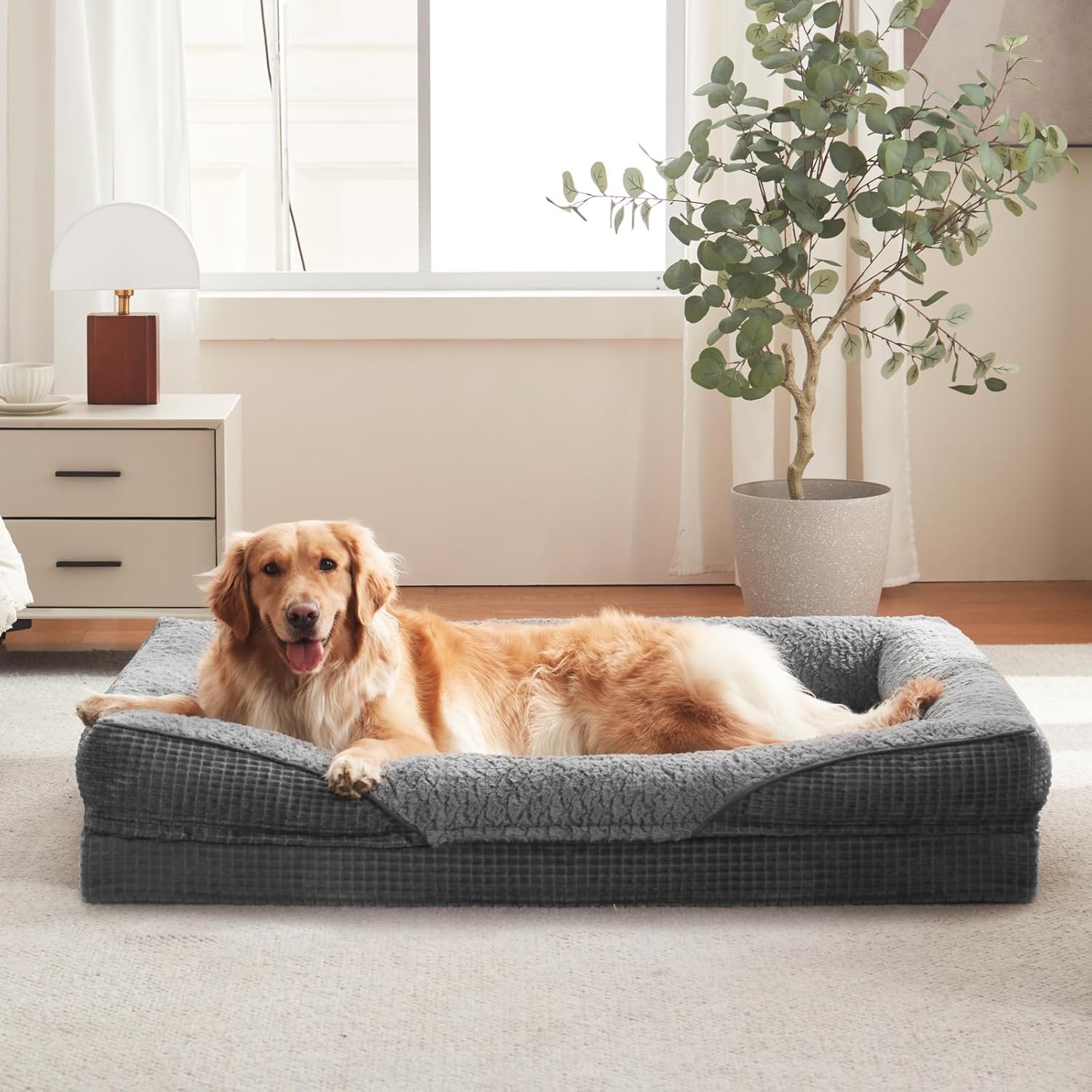 FURTIME Cuccia ortopedica per cani di taglia grande, in memory foam, XL, rimovibile e lavabile, antiscivolo, con bordo alto, 107 x 81 x 19 cm