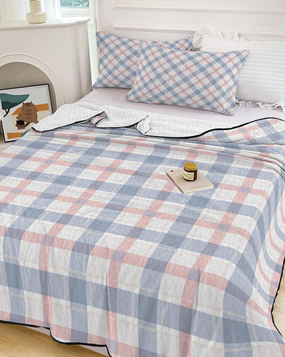 King Size Quilt Set, Geometric Buffalo Lattice Lightweight Bedspread Coverlet Set Soft Microfiber Summer Quilt with 2 Pillow Shams, Chic Diamond Grid 3 Piece Comforter Bedding Set