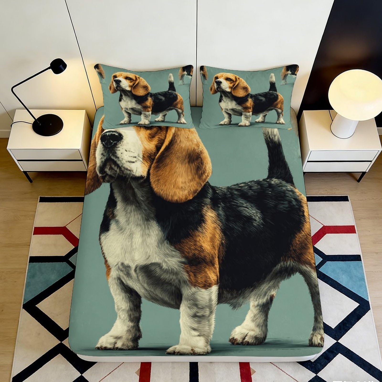 3D Printed Beagle Dog Fitted Sheet Microfiber Durable Soft Green Bed Cover with 3D Printed Puppy Mattress Cover for Bedroom Dormitory Guest Room 120x200x25cm