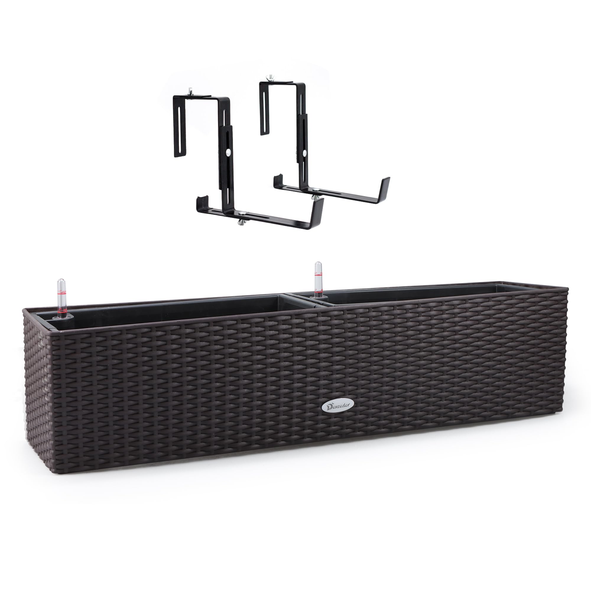 Dexceder 31.5 Inch Rattan Self Watering Planter Indoor Outdoor, Thickened Large Rail Flower Plant Pot Window Box with Water Level Indicators & Bracket (Brown)