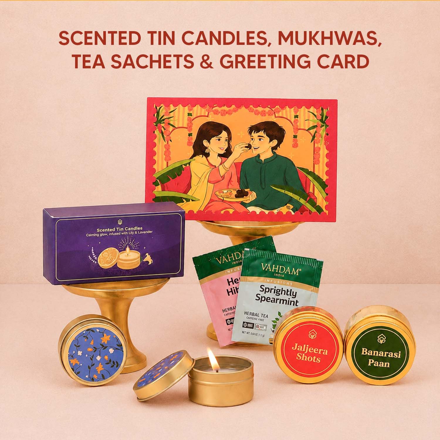 Pyaar Ka Pitara 14-Item Rakhi Gift Hamper for Brother and Bhabhi - Bhaiya Bhabhi Rakhi Set, Evil Eye & Lumba Rakhi, Roli-Chawal, Dry-Fruit Laddoos, Choco-Nuts, Candles, Mukhwas, Tea & more 2