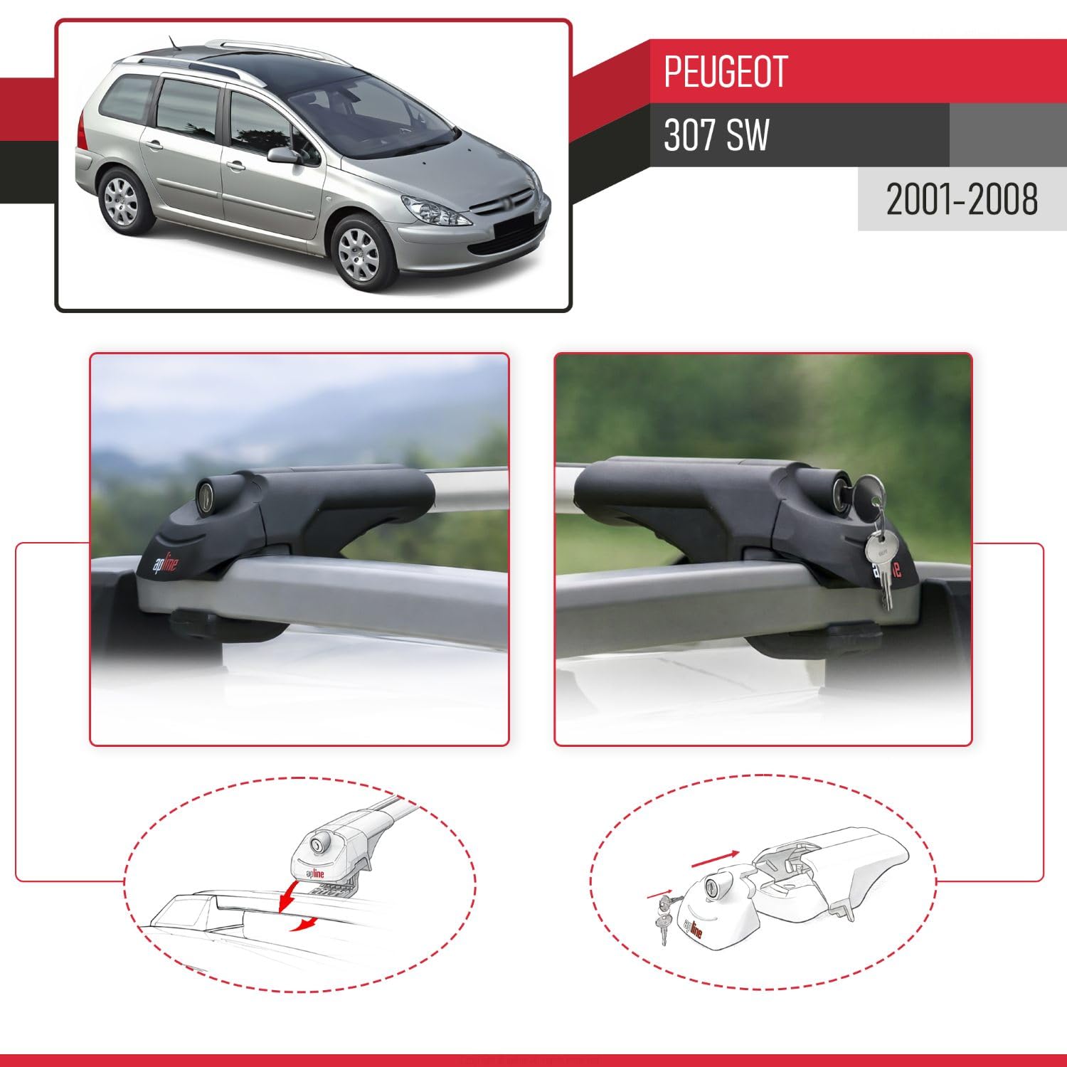 Compatible con Peugeot 307 SW 2001-2008 Modelo Ace-1 Barra de Techo Auto Portaequipajes Barras Transversales Gris Aluminio 2 Barras
