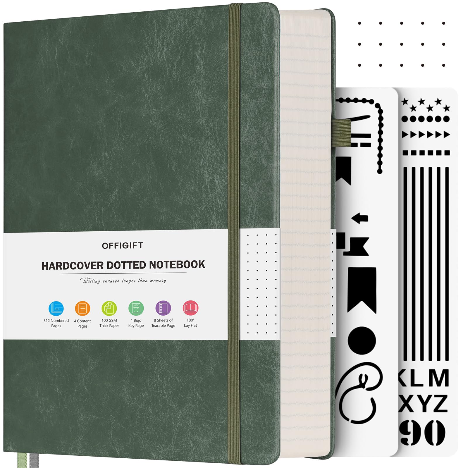 OFFIGIFT Dotted Notebook A5, 312 Numbered Pages Hardback Leather Notebook, 100gsm No Bleed Paper Dot Grid Notebook with Index Pages, Dotted Journal for Bullet Journaling, 14.5 x 21.5cm, Green