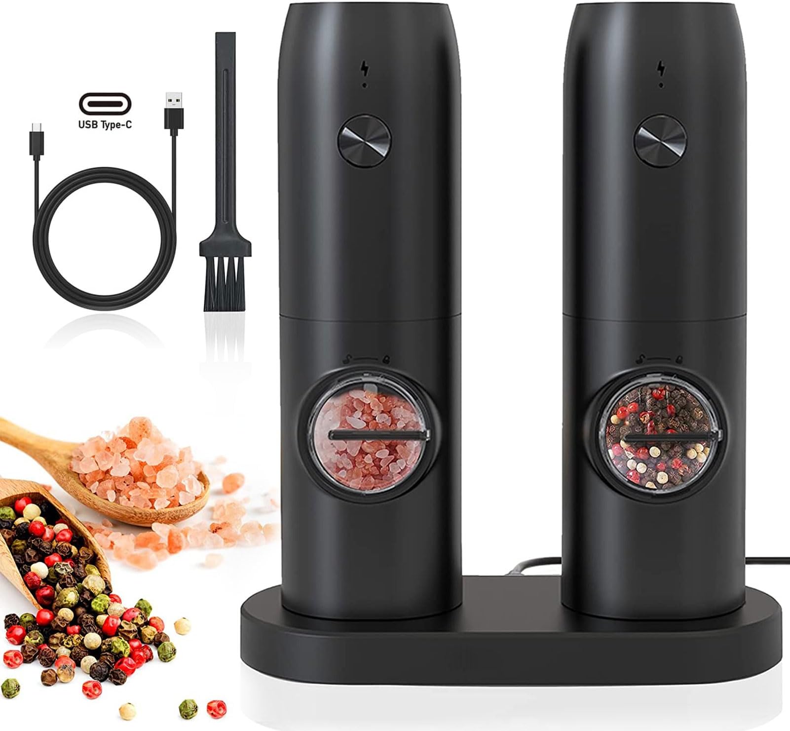 TDOO 2 Pack Electric Salt And Pepper Grinder Set With LED Light, 5 Adjustable Coarseness, Type-C Rechargeable Automatic Pepper Mill With Charging Base, 70ml Large Capacity