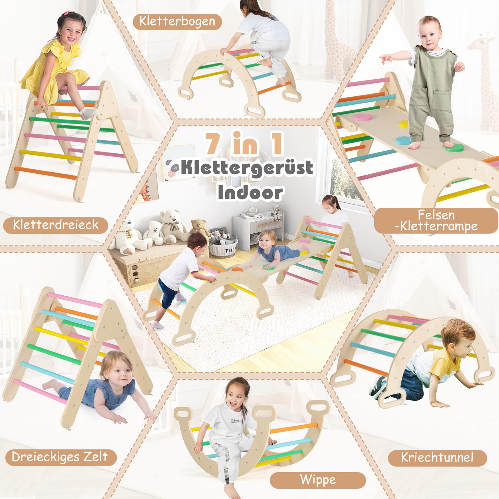 COSTWAY Klettergerüst Indoor, inkl. Kletterdreieck & Kletterbogen & Rampe, Indoor Spielgeräte Holz, Sprossendreieck Frei kombinierbar, Klettern Kinder Indoor ab 1 Jahr (Bunt)