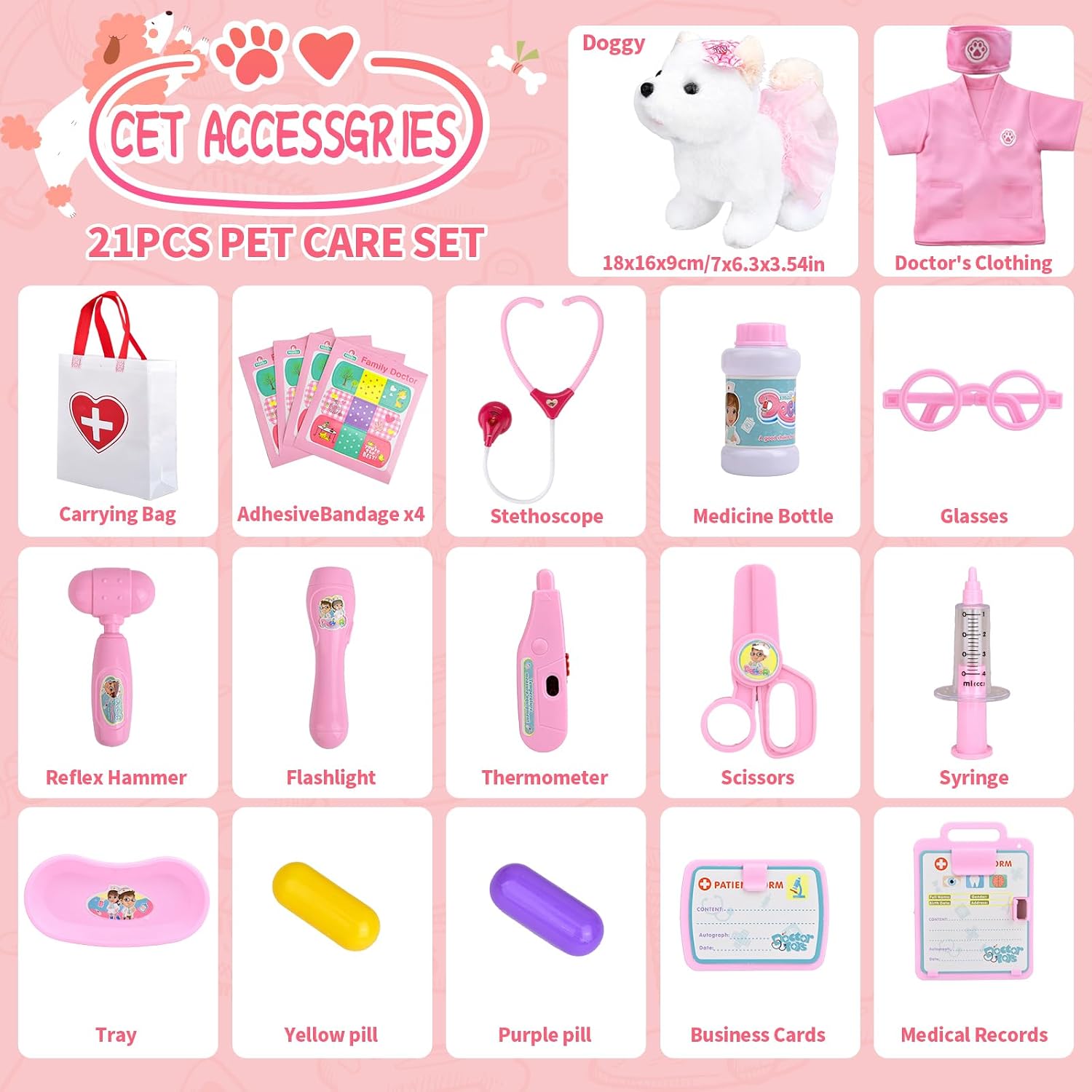 Kids Pet Doctor Kit for Toddlers, 21PCS Kids Doctor Playset with Plush Dog, Medical Toys, Stethoscope, Dress Up Costume, Carrying Bag,Christmas Birthday Gifts for Ages 3 4 5 6 7 8 Year Old Girls image 2