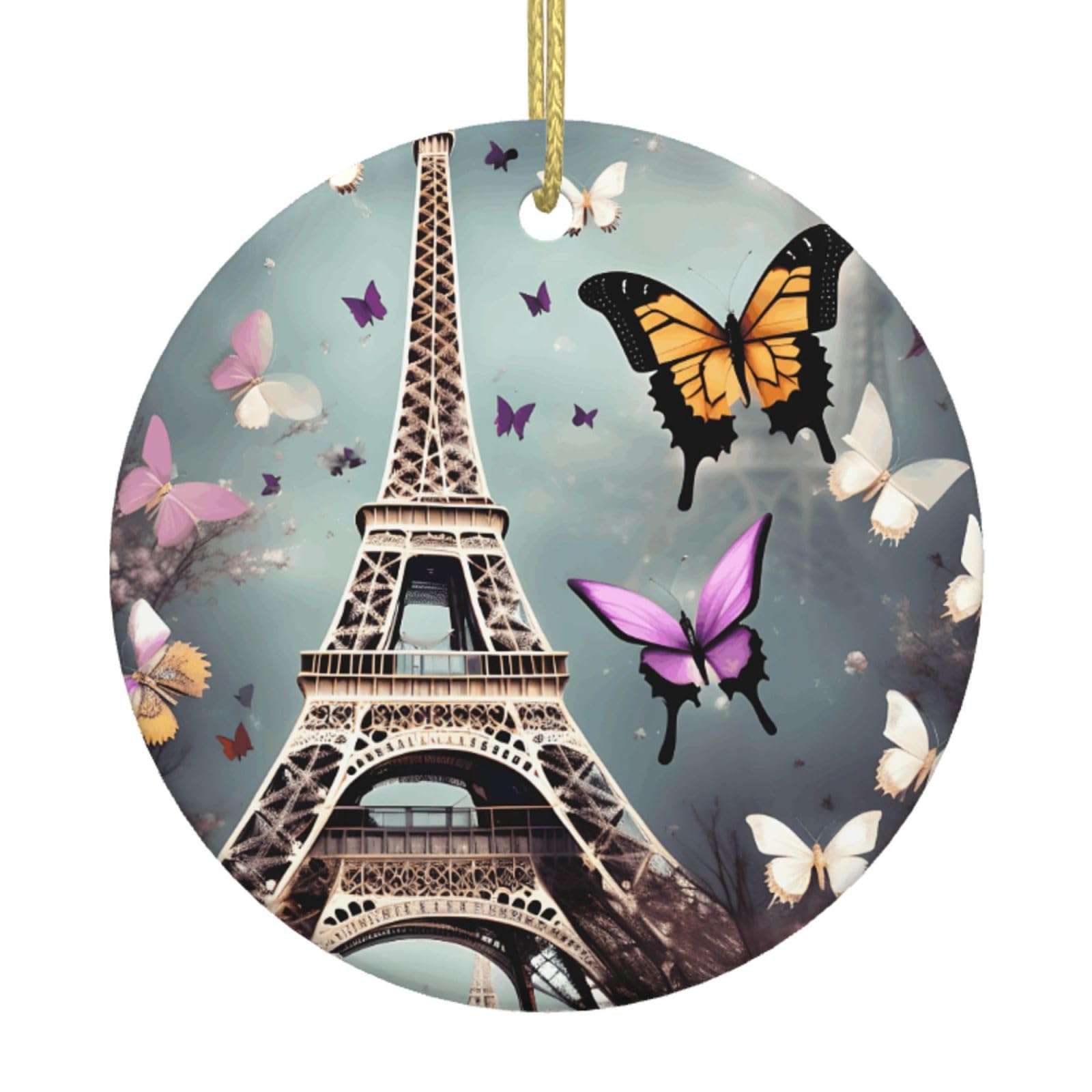Romantic Paris Butterfly Eiffel Print Christmas Ornaments, Ceramic Hanging Ornament, Round Shape Decorations