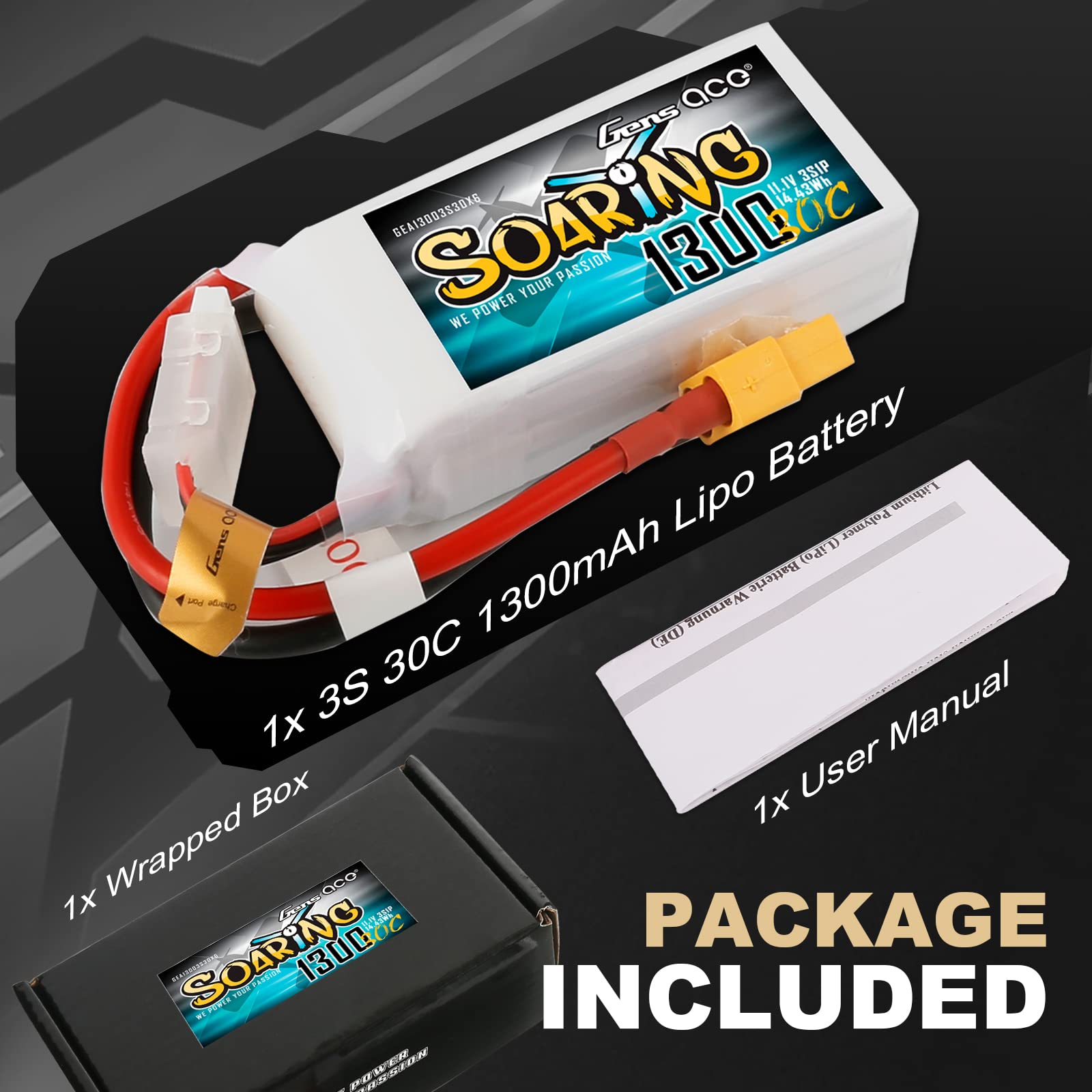 Gens Ace 3S Lipo 1300mAh 11.1V – 30C – XT60 – RC Voiture, Bateau, Avion, Quadcopter – Poids 112g