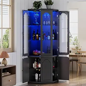 Corner Bar Cabinet w/LED Lights, Tall Modern Wine Cabinet with Tempered Glass Door & Adjustable Shelves, Home Bar Liquor Storage Cabinet with Glass Rack for Living Room, Dining Room (Black)