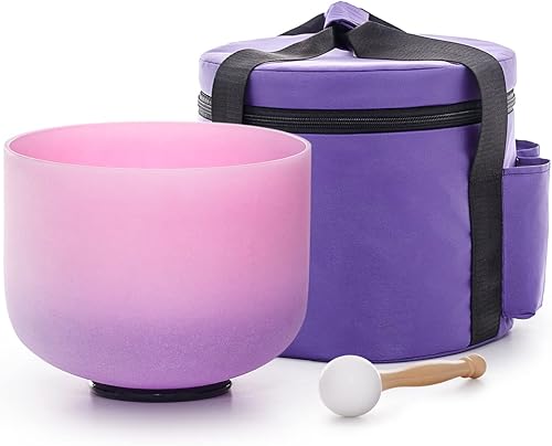 Cuenco de cristal de cuarzo esmerilado con diseño de corazón y chakras de arcoíris, 8 pulgadas con funda de transporte, para yoga, meditación y