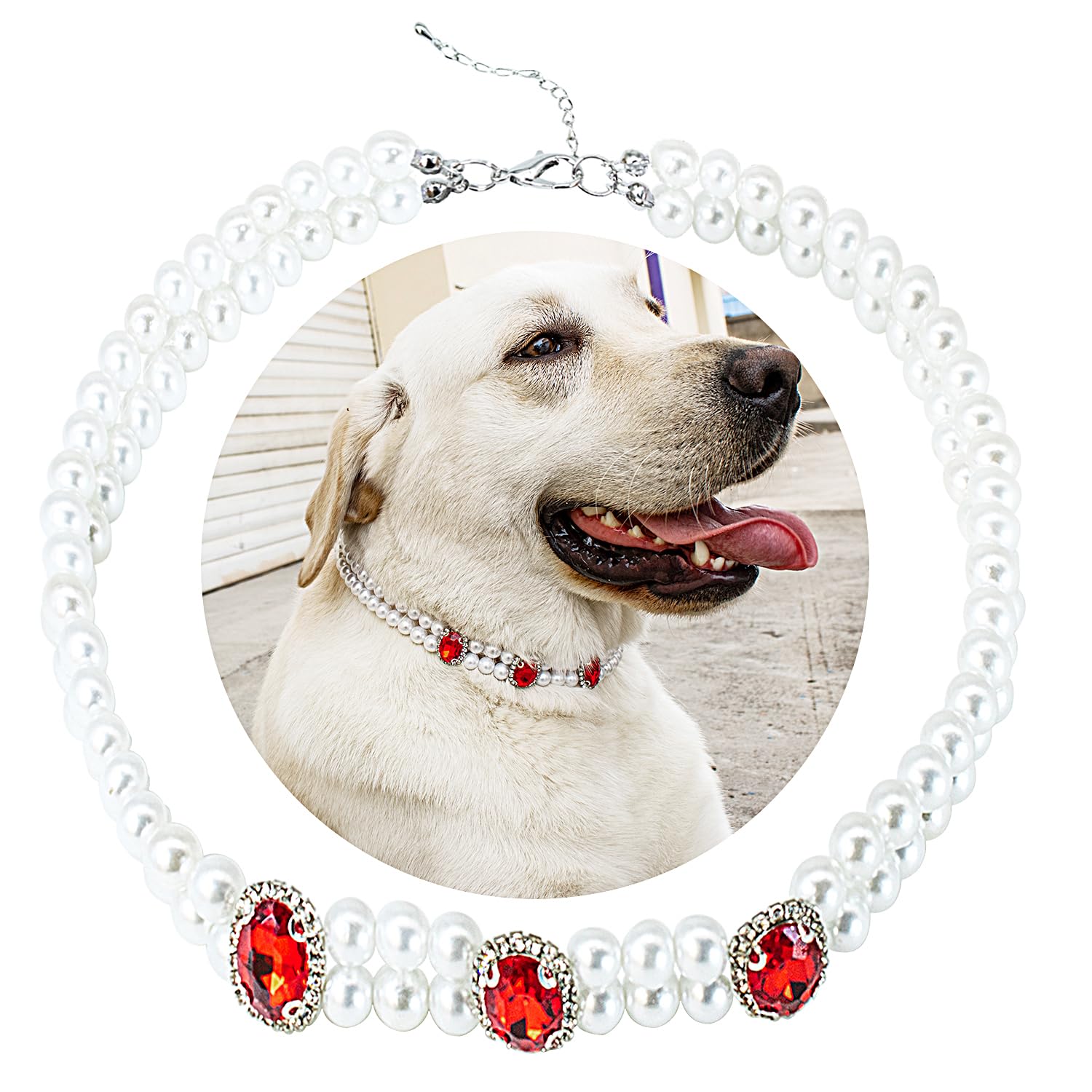 SM4BED Dog Collar Necklace with 2 Row Pearls Red Rhinestones, Adjustable Bling Diamond Double Layered Pet Jewelry for Large Dogs, XXL 20.5IN