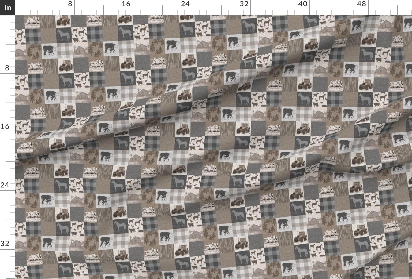 Spoonflower Fabric - Old Farm Quilt Soft Brown Grey Cows Tractor Printed on Chiffon Fabric by The Yard - Sewing Fashion Apparel Dresses Home Decor
