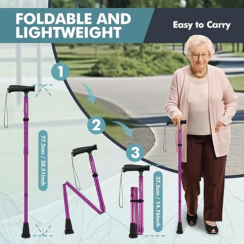 Miniatura 3 de GPTCAMP Bastón de caminar para hombres y mujeres, bastones ajustables con mango en T, diseño plegable y plegable, punta de pivote antideslizante,