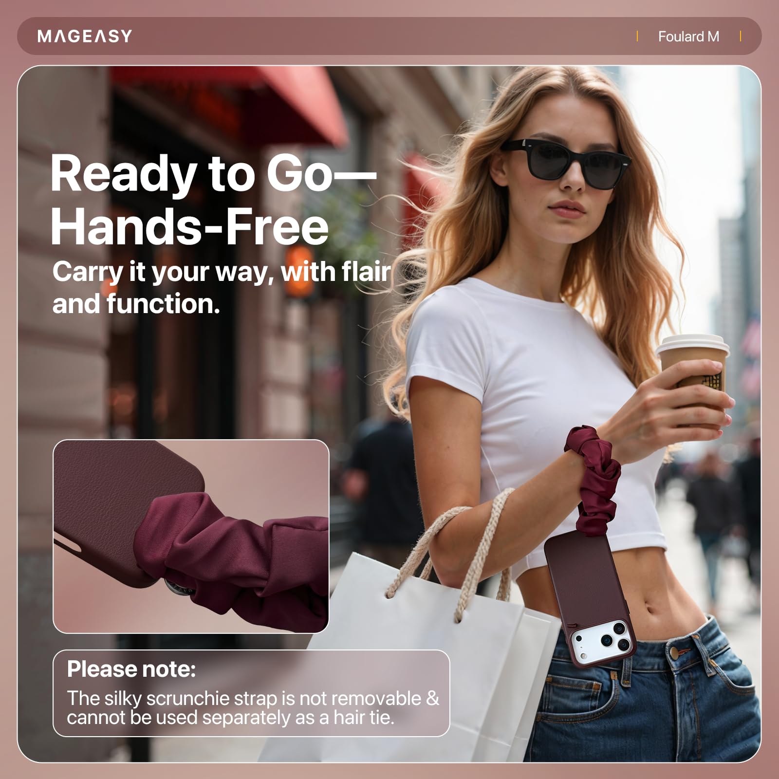 MAGEASY Compatible With IPhone 17 Pro Max 6.9" Case With Wrist Strap & Finger Loop - Scarf-Bracelet, Premium Leather, MagSafe Compatible, 16 Ft Military-Grade Drop Protection - Foulard M (Midnight