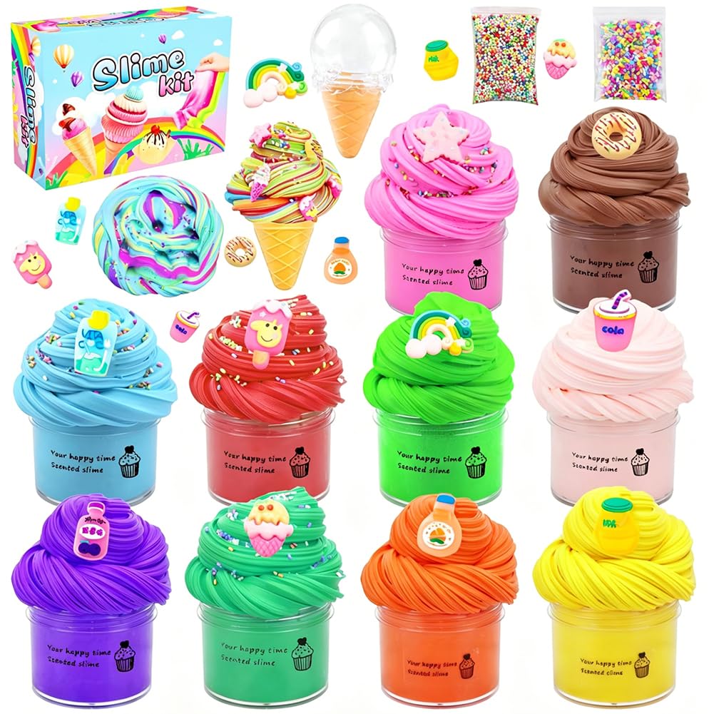 10 Pack Fluffy Cloud Slime Kit, with Summer Ice Cream Donuts Cake, Scented DIY Butter Slime Supplies